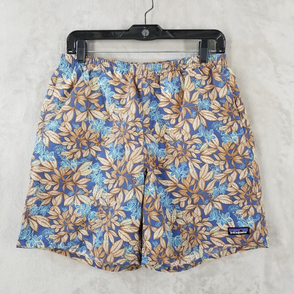 Patagonia Baggies Shorts Mens M Blue Brown Hevea‎ Leaves Beach Resort Vacation